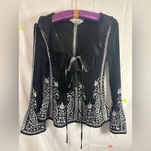 Retro Semi Sheer Bell Sleeve Flare Ruffled Blouse Black+White Boho Print Size S